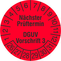 Prüfplakette, Nächster Prüftermin DGUV Vorschrift 3, 1000 Stk/Rolle, 3,0 cm Version: 2026 - Prüfjahre: 2026-2031, leuchtrot/schwarz