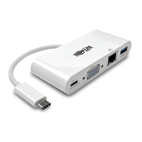 Tripp Lite U444-06N-VGU-C USB-C Multiport Adapter, VGA, USB 3.x (5Gbps) Hub Port, Gigabit Ethernet and 60W PD Charging, White
