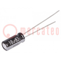 Condensatore: elettrolitico; THT; 10uF; 63VDC; Ø5x11mm; ±20%; 5000h