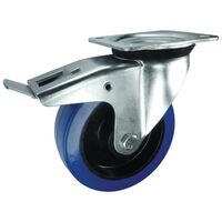 Nylon centre Blue rubber tyred wheel, plate fixing - swivel with total-stop brake
