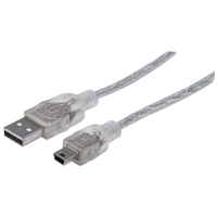 Manhattan USB-A to Mini-USB Cable, 1.8m, Male to Male, Translucent Silver, 480 Mbps (USB 2.0), Equivalent to USB2HABM6 (except colour), Hi-Speed USB, Lifetime Warranty, Polybag