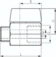 Zeichnung: Edelstahl-Mini-Kugelhahn mit Knebelgriff einseitig, Innen- / Außengewinde