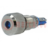 Spia: LED; piatta; azzurro; 12VDC; Ø8mm; IP67; per saldatura; ottone