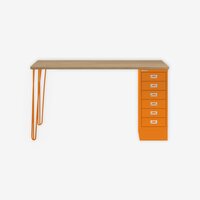 MultiDesk, 2 Stahlfüße, 1 MultiDrawer mit 6 Schüben, Dekor natürliche Eiche, Farbe Orange, Maße: H 740 x B 1400 x T 600 mm