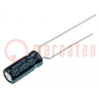 Condensatore: elettrolitico; 22uF; 63VDC; Ø5x11mm; Spaziatura: 2mm