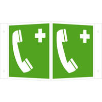 Erste Hilfe Winkelschild, Alu, langnachleuchtend, Notruftelefon, 25,7 x 15,0 x 1 DIN EN ISO 7010 E004 ASR A1.3 E004
