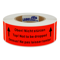 Versandaufkleber - Oben, nicht stürzen/Up, not to be dropped/Dessus, ne pas laisser tomber - 150 x 50 mm, 500 Warnetiketten, Papier rot-schwarz