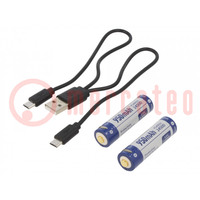Accu: Li-Ion; 14500; 3,6V; 950mAh; Ø14,3x50,4mm; Set: USB-kabel
