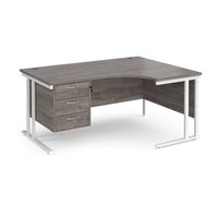 Maestro 25 right hand ergonomic desk 1600mm wide with 3 drawer pedestal - white cantilever leg frame, grey oak top