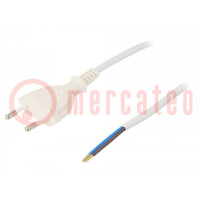 Kabel; 2x0,75mm2; CEE 7/16 (C) stekker,draden; PVC; 3m; wit; 2,5A