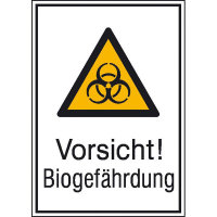 Warn-Kombischild Vorsicht! Biogefährdung, Alu geprägt, Größe 26,20x37,10 cm DIN EN ISO 7010 W009 + Zusatztext ASR A1.3 W009 + Zusazttext