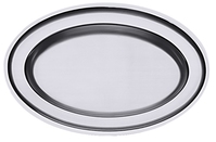 Bratenplatte, oval aus Edelstahl 18/10, seidenmatt poliert, mit gebördeltem