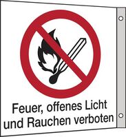 Fahnenschild - Feuer, offenes Licht und Rauchen verboten, Rot/Schwarz, Weiß