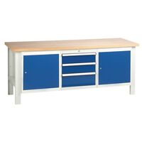 Medium duty steel workbench with veneer worktop, 2 cupboards and 1 triple drawer unit L x D - 2000 x 650mm