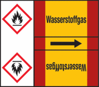 Rohrmarkierungsband mit Gefahrenpiktogramm - Wasserstoffgas, Rot/Gelb, B-7541