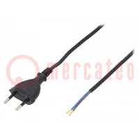 Kábel; 2x0,5mm2; CEE 7/16 (C) dugó,vezetékek; PVC; 5m; fekete