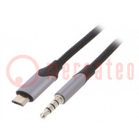 Kabel; Jack 3,5mm wtyk,USB B micro wtyk; niklowany; 1,5m; czarny