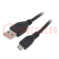 Kábel; USB 2.0; USB A dugó,USB B micro dugó; aranyozott; 3m; PVC