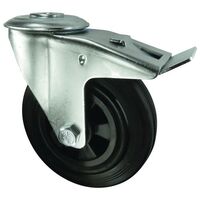 Polypropylene centre, rubber tyred wheel, single hole fixing - swivel with total stop brake
