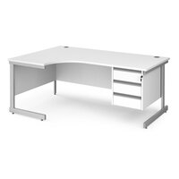 Contract 25 left hand ergonomic desk with 3 drawer pedestal and silver cantilevever leg 1800mm - white top