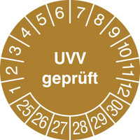 Prüfplaketten - UVV geprüft in Jahresfarbe, 28 Stück/Bogen, selbstklebend, 2,0 cm Version: 25-30 - Prüfplakette - UVV geprüft 25-30