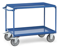 fetra® Tischwagen mit Stahlblechwannen, 2 Ladeflächen 850 x 500 mm, öldicht, Rand 40 mm, Griff waagegerecht