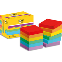 POST-IT® Notes Super Sticky Playful 47.6x47.6 mm. 12 blocs, 90F. Ass : rouge/orange/jaune/vert/bleu/vio.