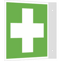 Erste Hilfe Rettungsschild als Fahnenschild, Alu, 2,5 x 20,0 x 20,5 cm DIN EN ISO 7010 E003 ASR A1.3 E003