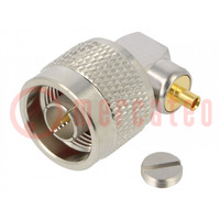 Plug; N; male; angled 90°; 50Ω; soldering; for cable; PTFE