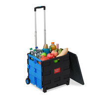 Relaxdays Einkaufstrolley klappbar, bis 35 kg, 50 l Kiste, mit Teleskopgriff, 2 Rollen, Transport Trolley, gelb/schwarz