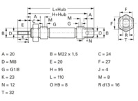 Miniatur-Zylinder, doppeltwirkend, 0,5 bis 10 bar, Kd. 20 mm, Hub 160 mm, 27.29.