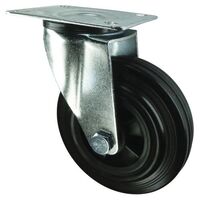 Polypropylene centre, rubber tyred wheel plate fixing - swivel with total stop brake