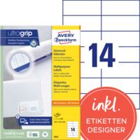 Universal-Etiketten, A4 mit ultragrip, Adressaufkleber, 105 x 42,3 mm, 100 Bogen/1.400 Etiketten, weiß