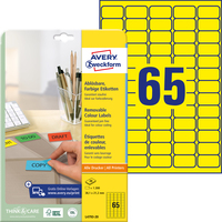 Farbige Etiketten, ablösbar, A4, 38,1 x 21,2 mm, 20 Bogen/1.300 Etiketten, gelb