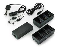 Two 3 slot battery chargers (charges 6 batteries) with power supply and Y cable, ZQ600, QLn or ZQ500. UK power cord included Ladegeräte