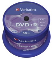 1x50 Verbatim DVD+R 4,7GB 16x Speed, Mat zilver
