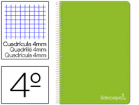 CUADERNO ESPIRAL LIDERPAPEL CUARTO WITTY TAPA DURA 80H 75GR CUADRO 4MM CON MARGEN COLOR VERDE