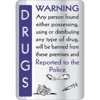 Nisbets Drugs Warning Sign Brushed Aluminium Safety Bar Nightclub Notice