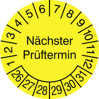Prüfplaketten Nächster Prüftermin, gelb/schwarz, Einzelplakette, selbstkleb., 10 Version: 26-31 - Prüfplakette Nächster Prüftermin 26-31