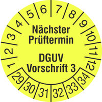 Prüfplakette, Nächster Prüftermin DGUV Vorschrift 3, 1000 Stk/Rolle, 3,0 cm Version: 2029 - Prüfjahre: 2029-2034, leuchtgelb/schwarz