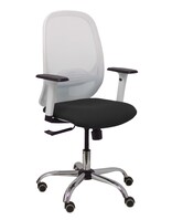 Silla Cilanco blanca malla blanca asiento bali negro brazo regulable base cromada ruedas de parqué