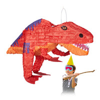 Relaxdays Dinopinata, zum Aufhängen, Kinder, Mädchen & Jungs, Geburtstag, zum Befüllen, Papier, Pinata Dinosaurier, rot