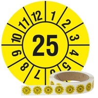 Jahresprüfplakette 20 mm, Monate - Jahreszahl (JJ), 2025, Polyethylen schwarz-gelb, 1.000 Prüfplaketten auf Rolle