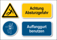 Sicherheitszeichen-Schild - Warnung vor Absturzgefahr / Auffanggurt benutzen