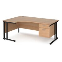 Maestro 25 left hand ergonomic desk 1800mm wide with 2 drawer pedestal - black cantilever frame, beech top