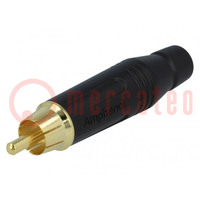 Plug; RCA; male; straight; soldering; black; gold-plated; for cable