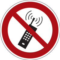 Verbotsschild "Eingeschaltete Mobilfunktelefone verboten" [P013], Aluminium (0,5 mm), ? 200 mm, ASR A1.3 / ISO 7010