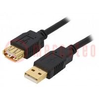 Kábel; USB 2.0; USB A aljzat,USB A dugó; aranyozott; 3m; fekete