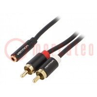 Kabel; Jack 3,5mm aansluiting,RCA-stekker x2; 1m; zwart; PVC