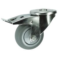 Stainless steel, grey rubber tyred wheel, single hole fixing, medium duty - swivel with total stop